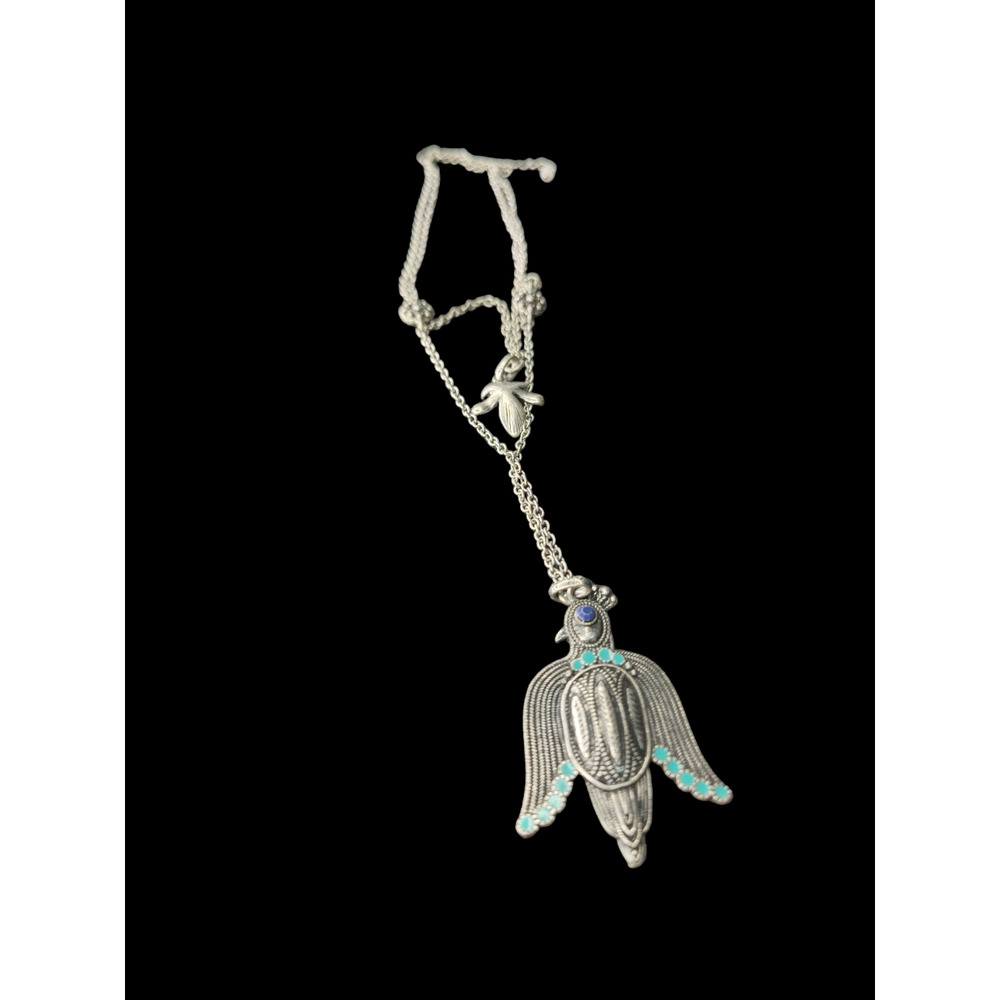Native made silver tone chain necklace w/ Phoenix pendant w/imitation turquoise